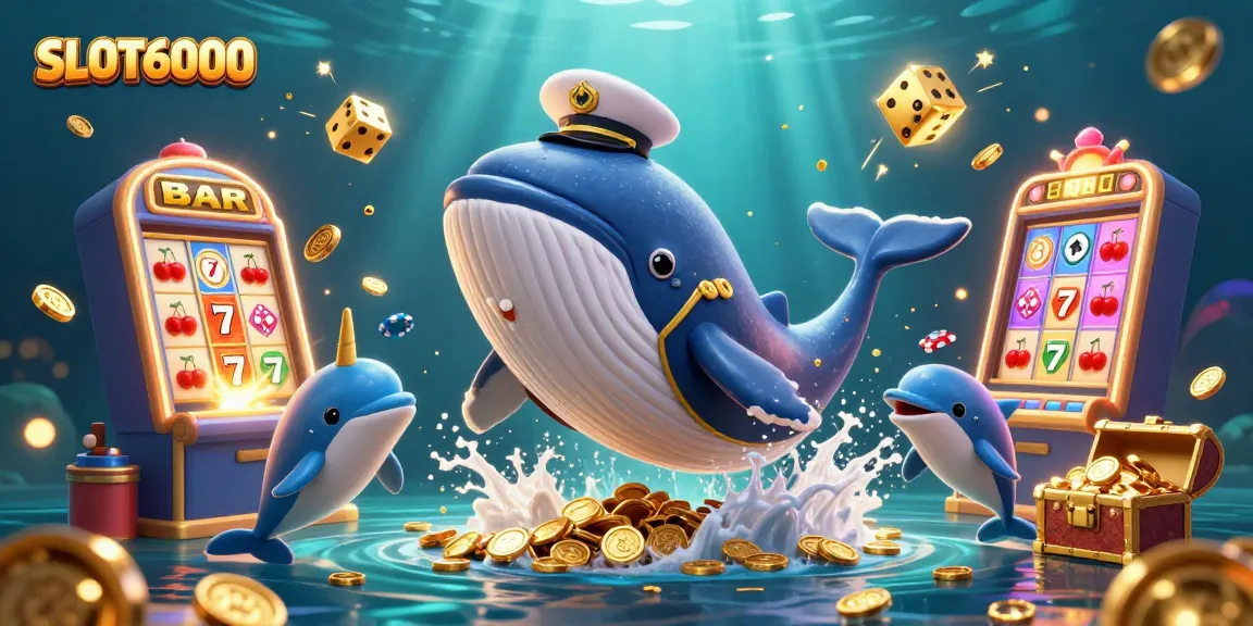 SLOT6000 jackpot scene featuring a cartoon whale and dolphins amidst coins and a bursting slot machine.