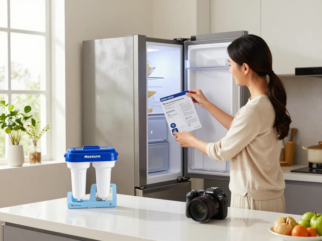 Family member installing Maxblue Replacement for Samsung DA29-00020B in modern kitchen.