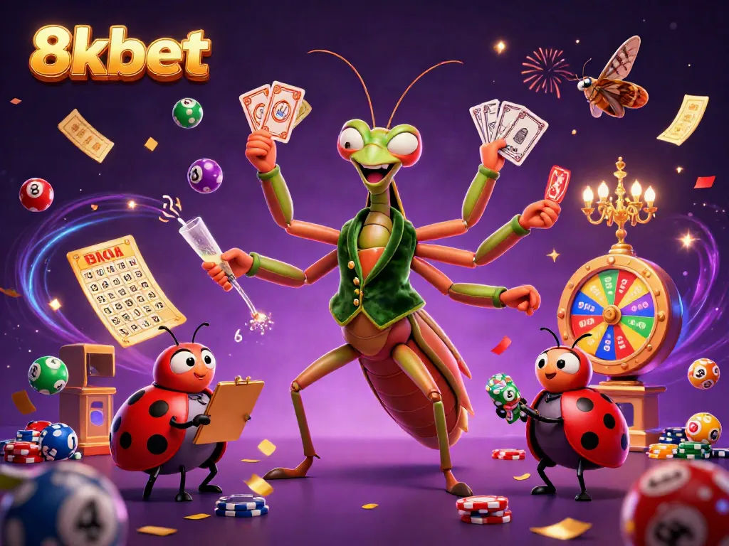 Immerse in the vibrant world of 8xbet with a dynamic scene of casino characters, cards, and colorful lottery balls.