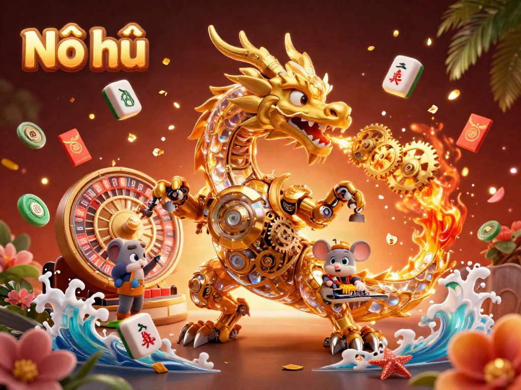 Experience Nổ hũ excitement with a golden dragon and dynamic casino elements in this vibrant illustration.