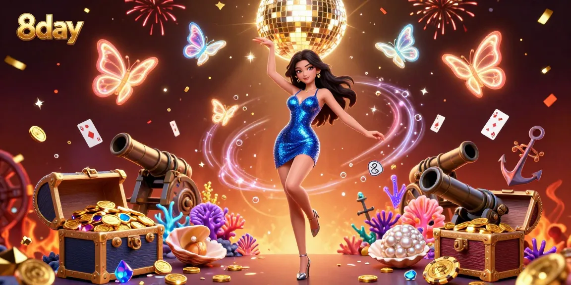 Experience exciting games at 8day with a glamorous woman surrounded by vibrant casino elements.