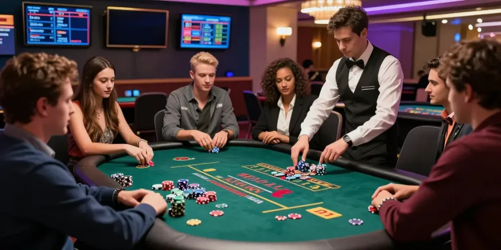 Friends engaging in an exciting baccarat game at man88's vibrant online casino.