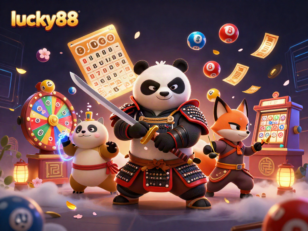 Experience thrilling moments at lucky88 with samurai panda and ninja fox amidst vibrant lottery elements.