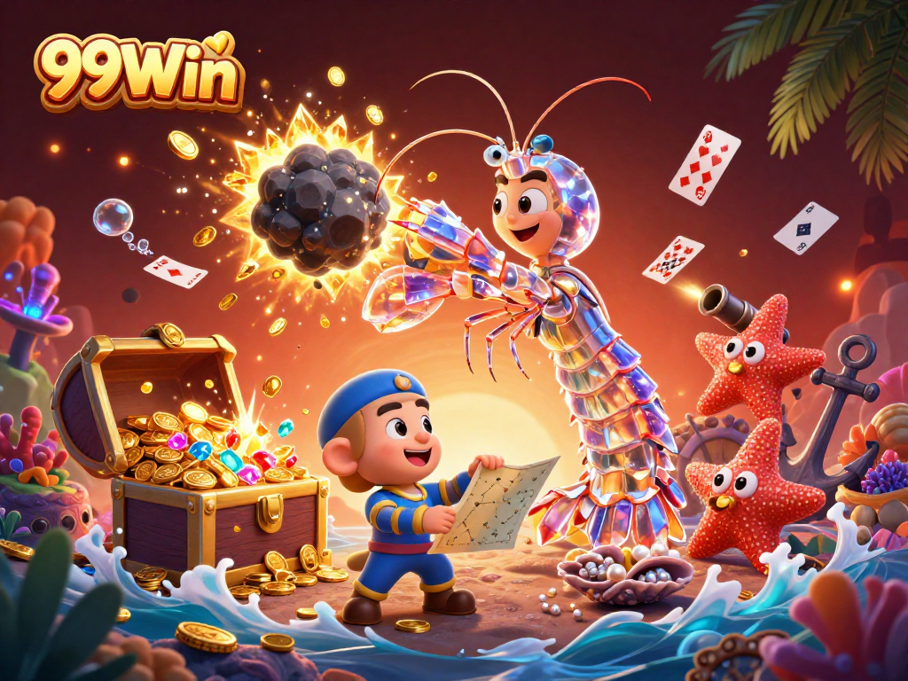 Experience thrilling gameplay at 99Win as cartoon mantis shrimp and starfish explore a treasure-filled underwater scene.