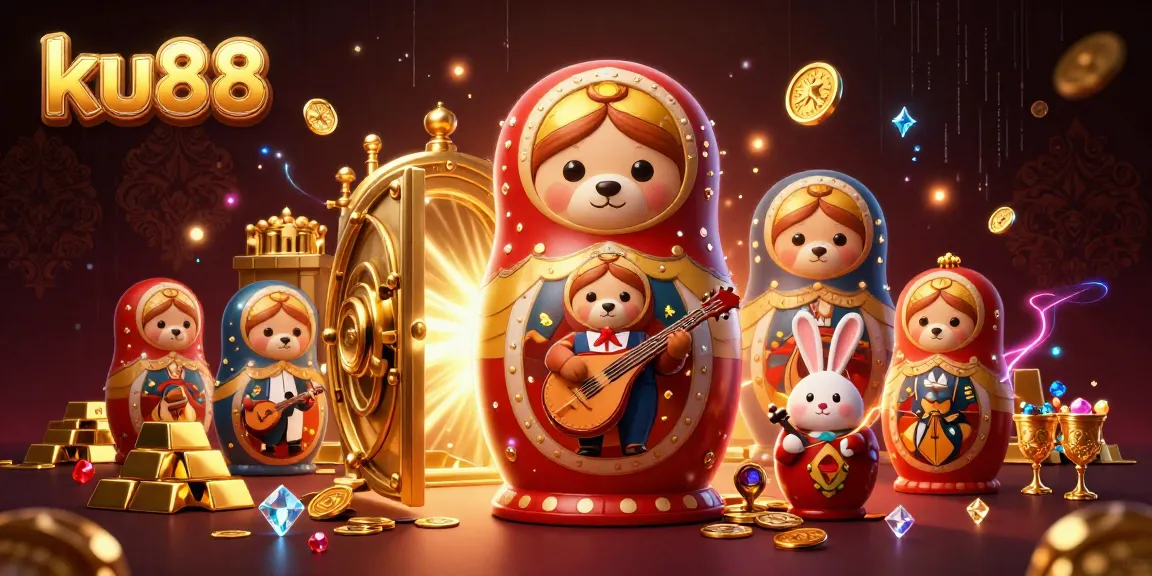 Experience the excitement of ku88 with illustrated casino characters amidst a shimmering treasure scene.