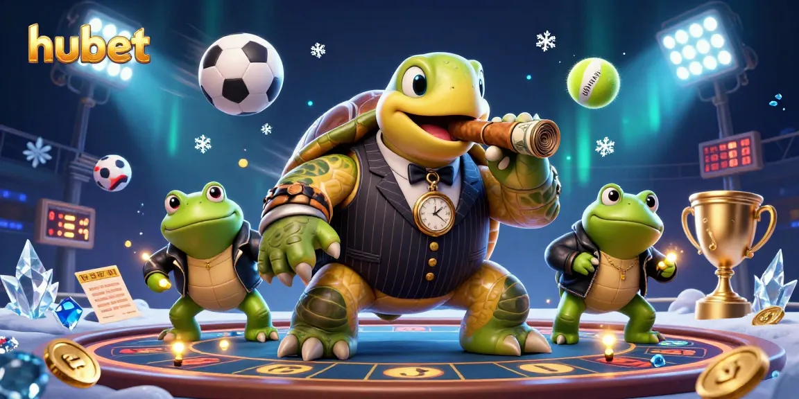 Engage with hubet's unique casino experience featuring a vivid 3D turtle casino scene.