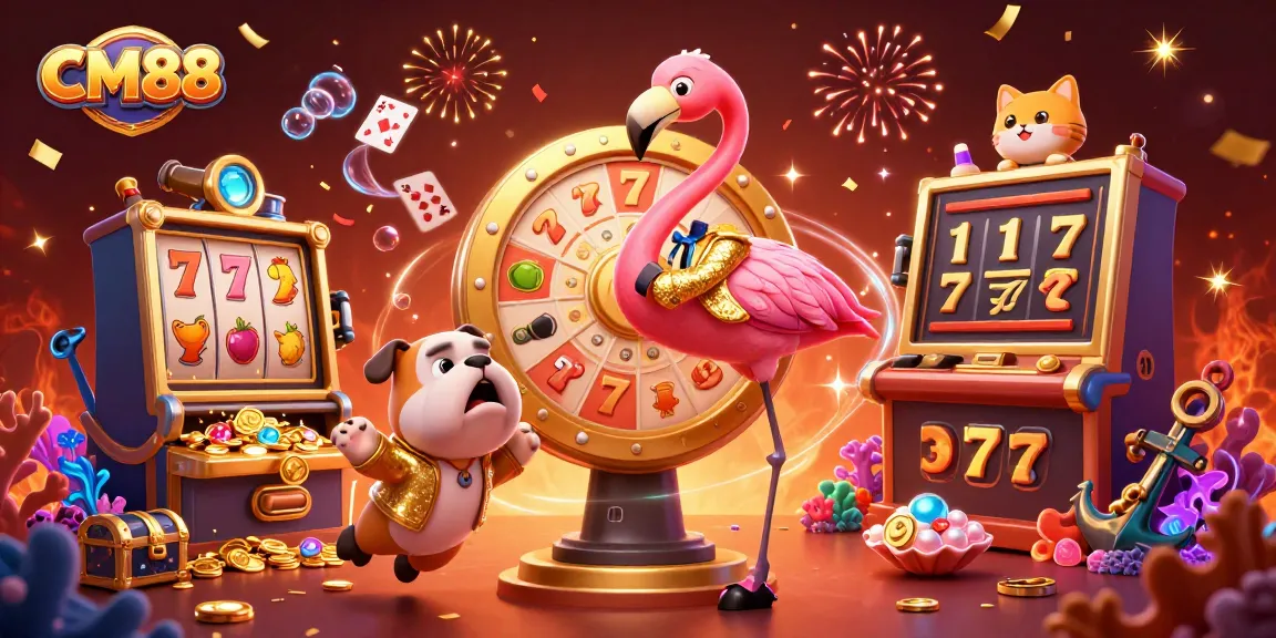 Unveiling slot excitement at CM88 with a golden prize wheel, vibrant scenes, and dynamic characters.