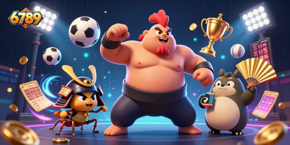 Experience thrilling action at 6789, with sumo wrestler rooster and samurai cricket at a vibrant betting scene.
