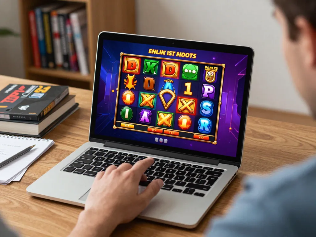 Player engaging with a Demo Slot game on a laptop, showcasing a vibrant home gaming environment.