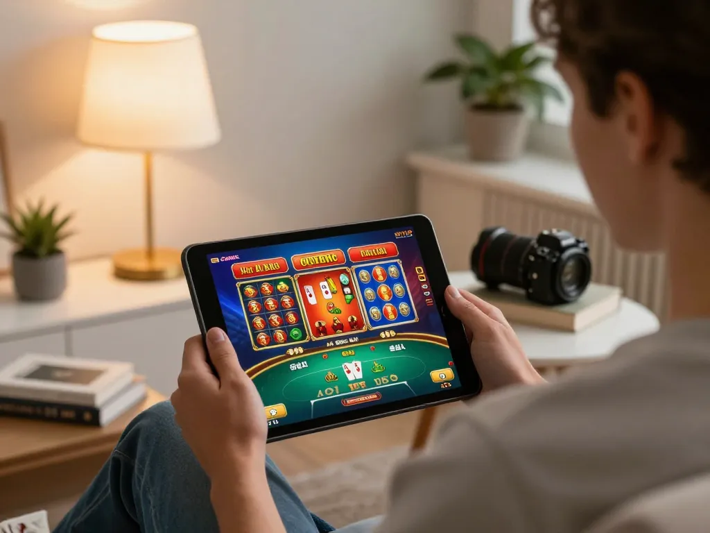 shopshela player engaged in online casino gaming on tablet with vibrant interface and cozy background