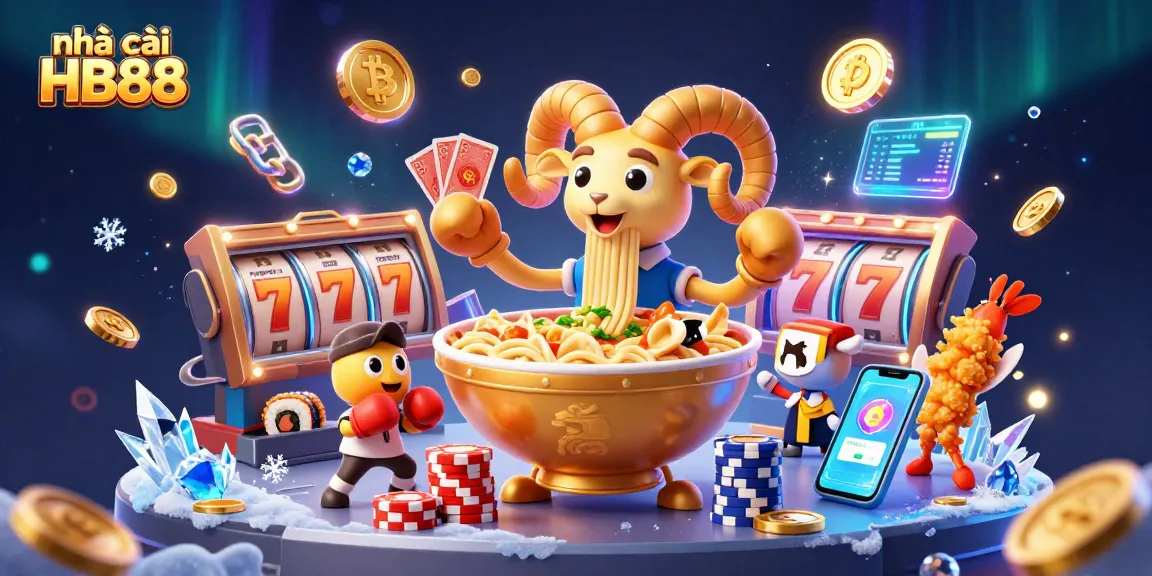 Engage with nhà cái HB88 at this vibrant casino scene featuring a golden ramen bowl and colorful game elements.