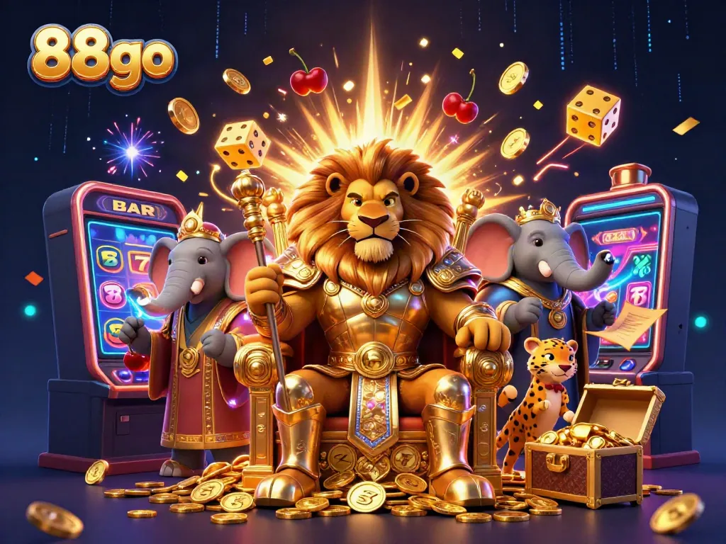 Experience excitement at 88go with a lion king and vibrant casino elements in a dazzling 3D scene.
