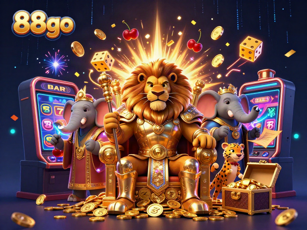 Experience excitement at 88go with a lion king and vibrant casino elements in a dazzling 3D scene.