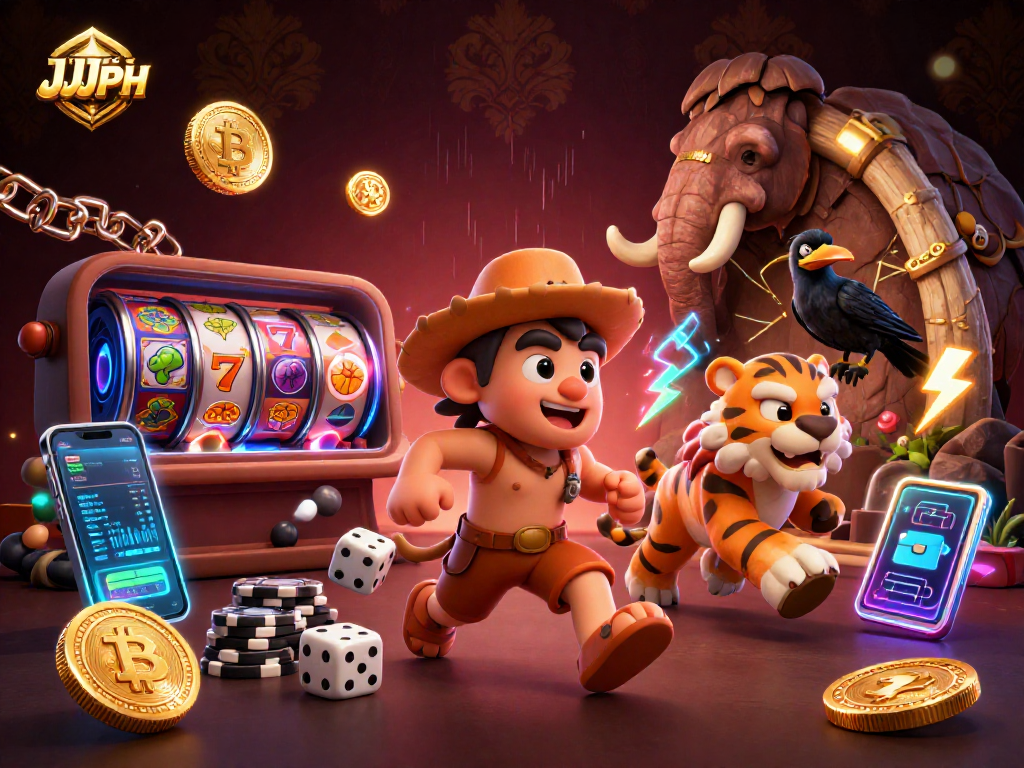 Experience the JJJPH prehistoric casino with unique characters and vibrant crypto elements.