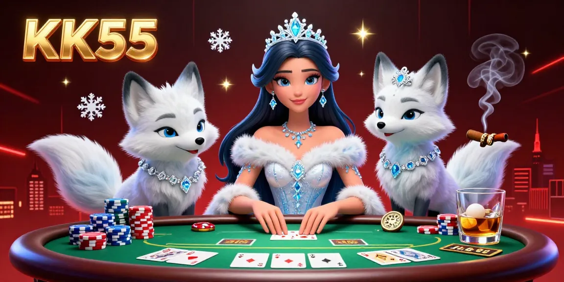 Experience the thrill of KK55 casino with a stunning woman and an arctic fox amidst poker excitement.