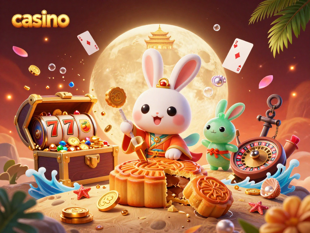Experience thrilling casino adventures with a playful moon rabbit and vibrant game elements.