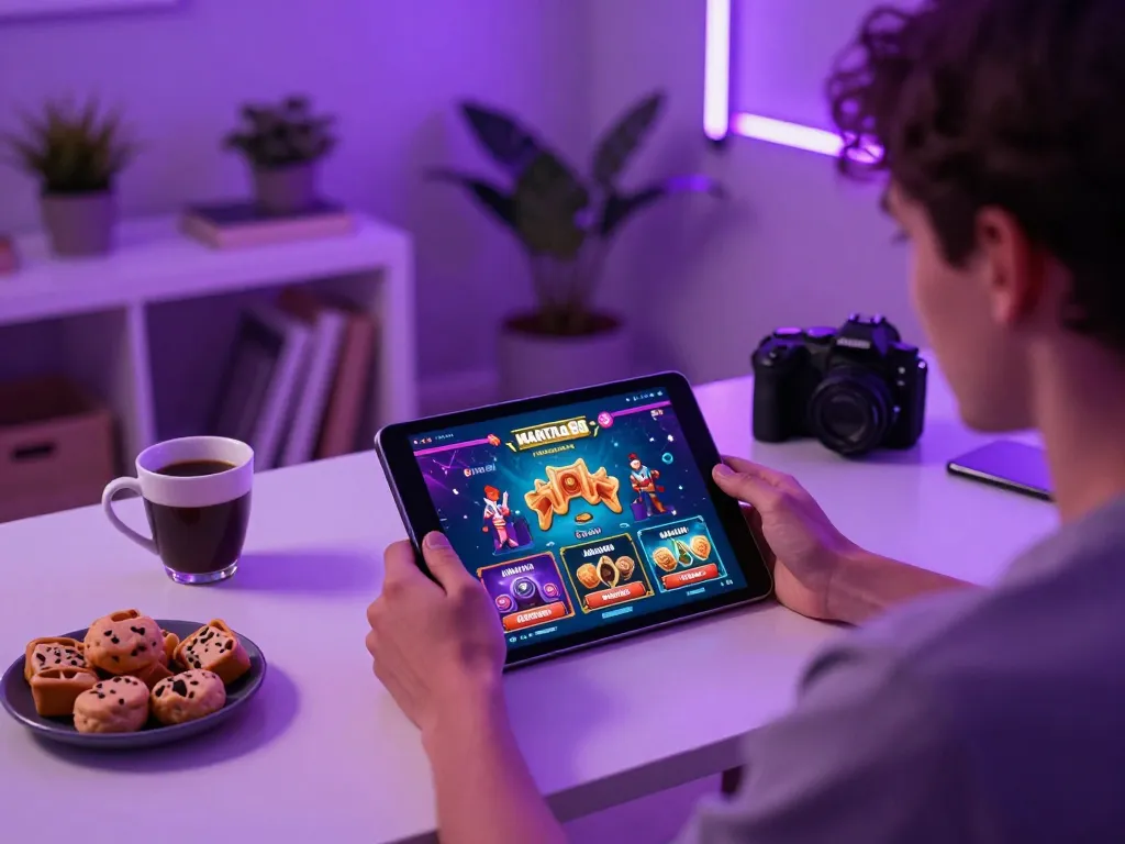 Engaged player using the mantra88 app on tablet in a neon-lit home gaming setup, reflecting strategic online gambling action.