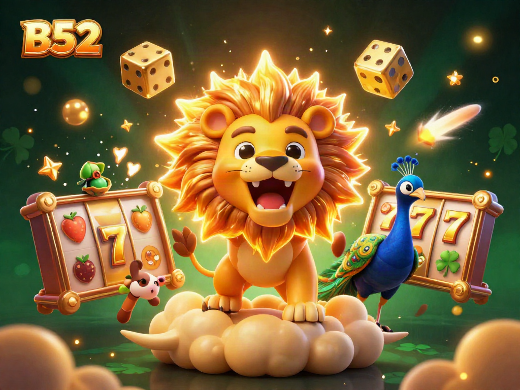 Play exciting B52 casino games with a roaring lion mascot surrounded by jackpot reels and festive elements.