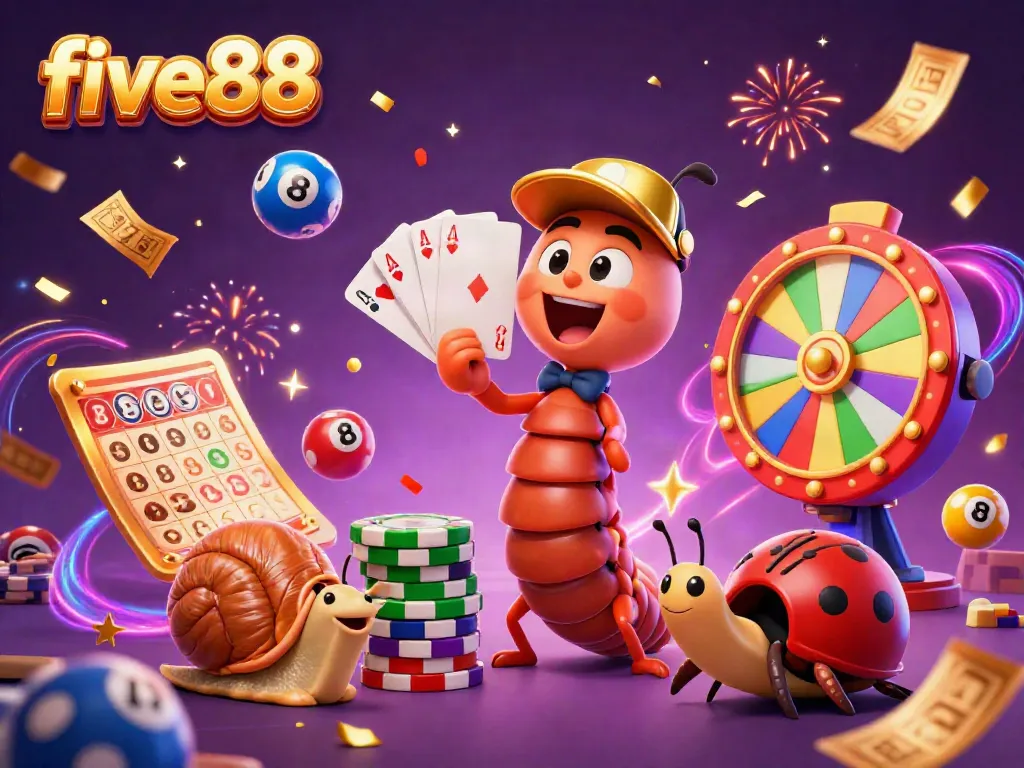 Experience the fast-paced thrill of five88 with a vibrant 3D casino scene showcasing lively characters and dynamic game elements.
