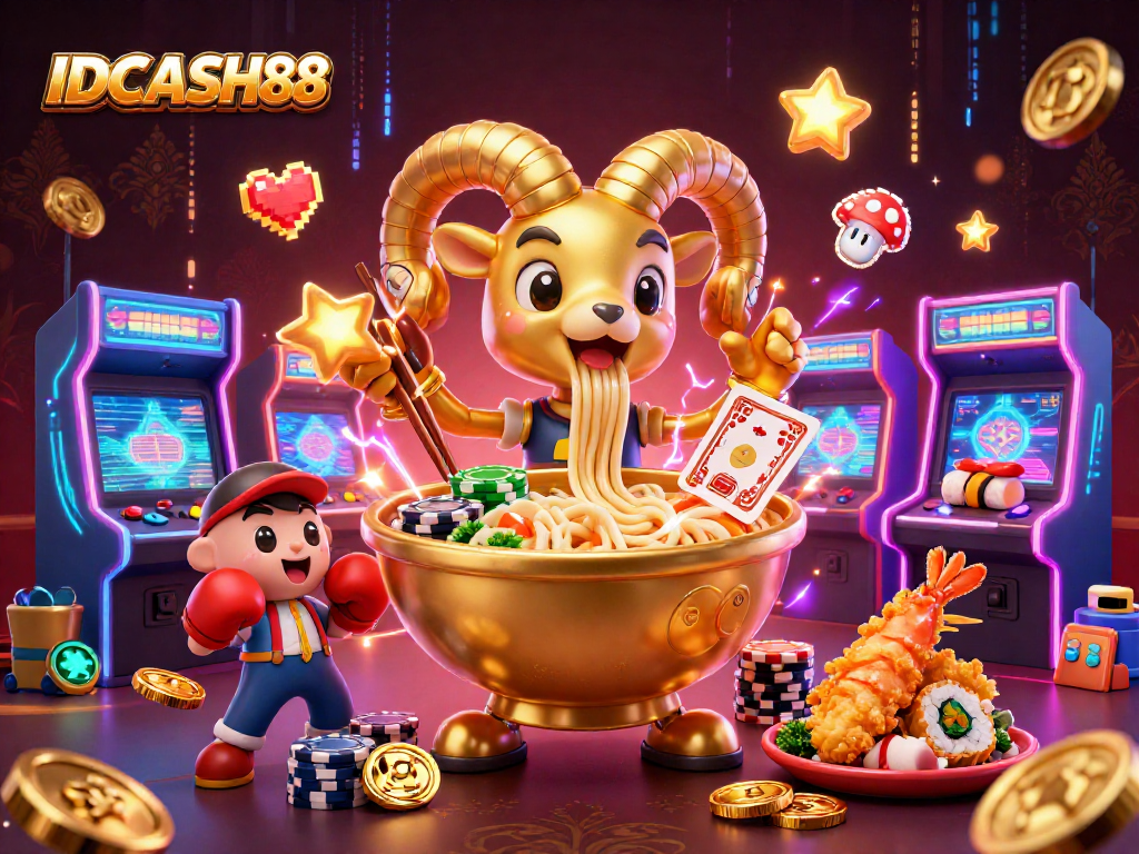 Join the fun at IDCASH88 with a lively giant ramen bowl and sushi dealers amidst casino games.