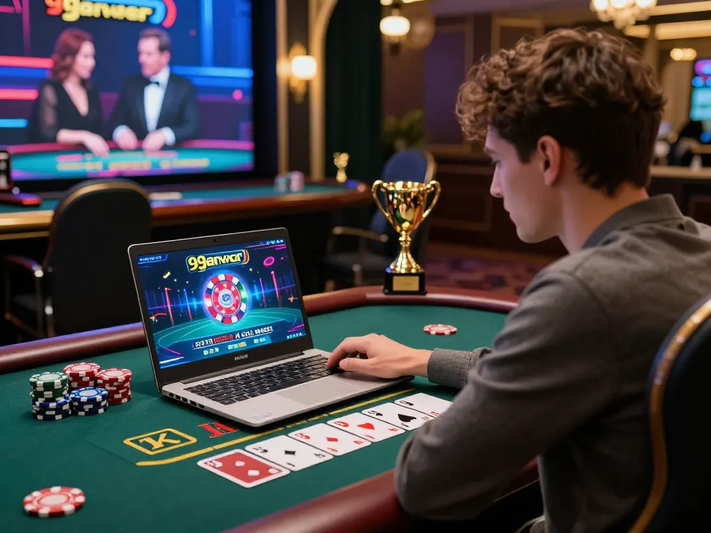 Engaging 99exch casino gaming scene with player at laptop, vibrant digital graphics, and live dealer interaction.