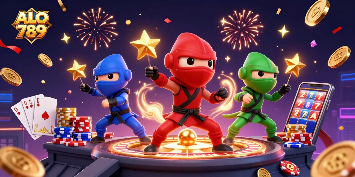 Watch the 3D ninja chameleon team in action at ALO 789, surrounded by coins and sparkling elements.
