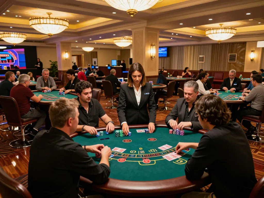 Players strategizing at blackjack tables in a vibrant casino setting at donkeyotdenver, showcasing competitive gaming.