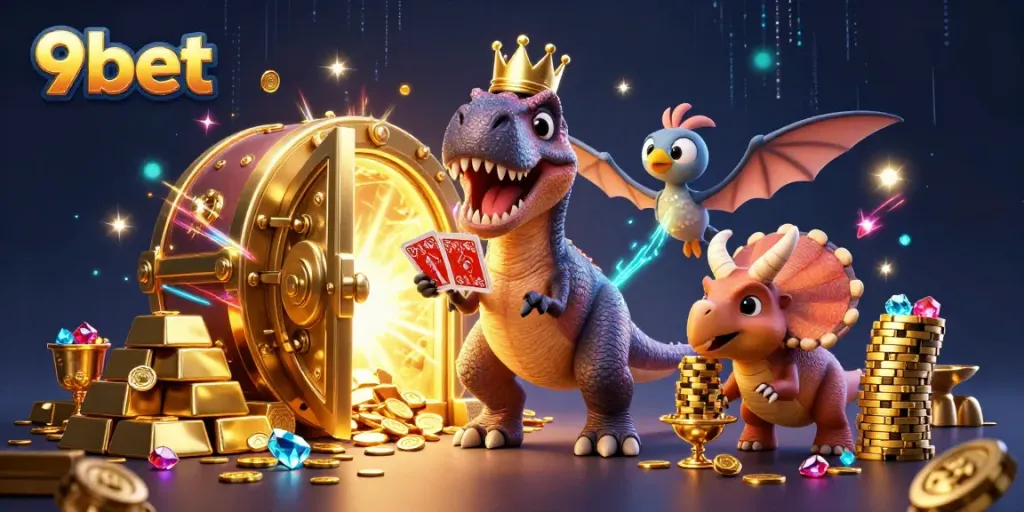 Engage with excitement at 9bet, where a T-Rex shuffles cards and a delightful triceratops stacks gold chips!