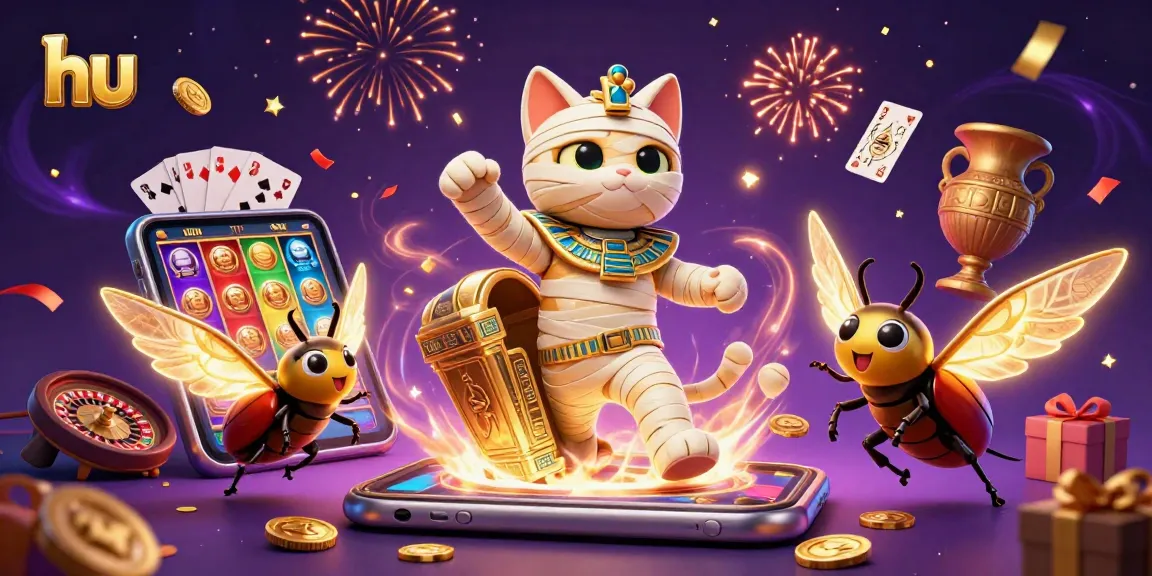 Engage with hu's vibrant slot game scene featuring a mummy cat, scarab, and exciting casino elements.