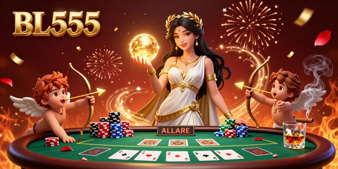 Experience thrilling gameplay at BL555 with dynamic poker action featuring a dazzling goddess and cherubs.