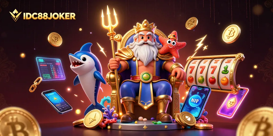 Engage with IDC88JOKER's vibrant online gaming experience featuring Neptune and crypto elements.