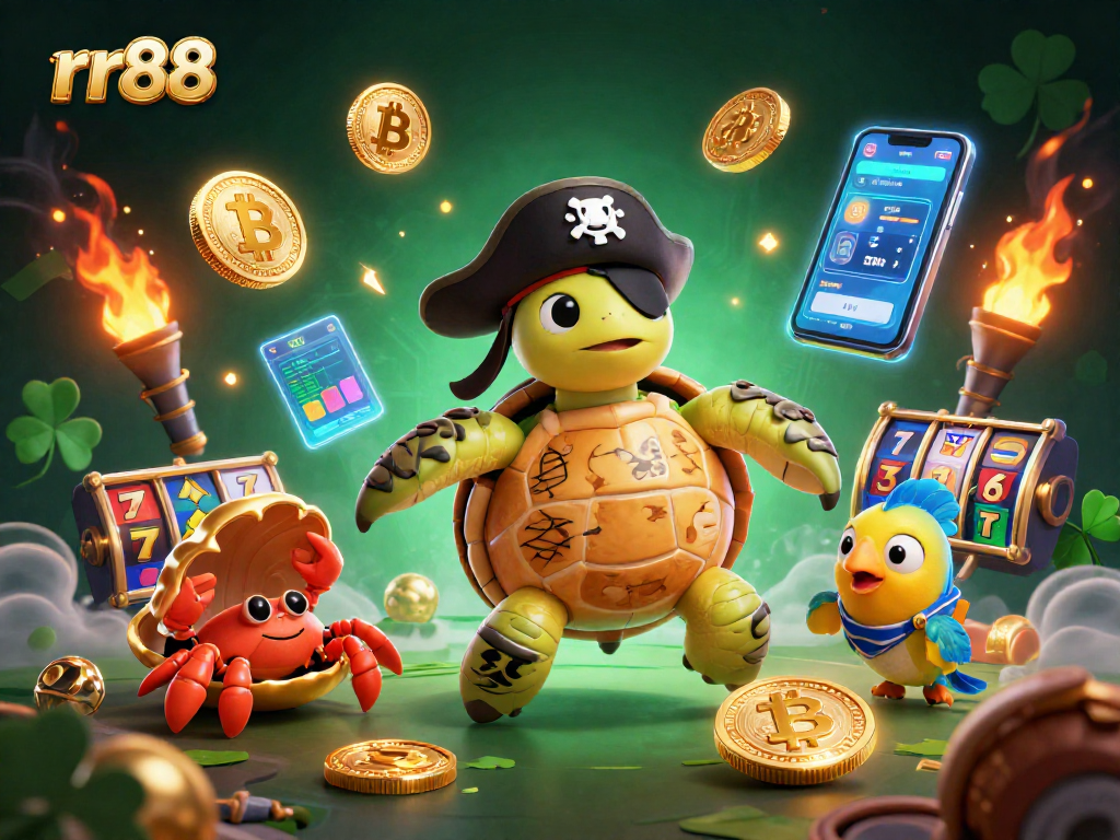 Engage in rr88's thrilling adventures with a pirate turtle and treasure amid vibrant casino elements.