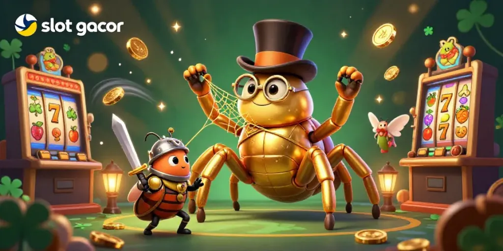 Engage with slot gacor through a vibrant 3D scene depicting a golden tarantula and beetle knight in a lively casino setting.