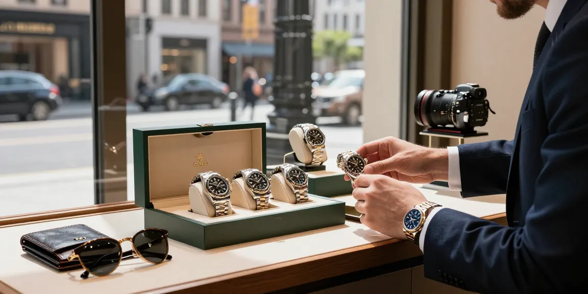 Showcasing stylish Rolex super clone watches in an urban boutique setting with luxury lifestyle elements.