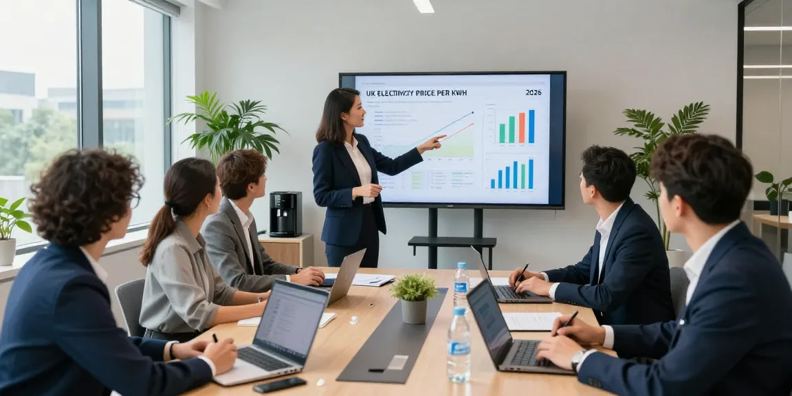 Business meeting illustrating discussions on the uk electricity price per kwh 2026 with professionals analyzing data and trends.