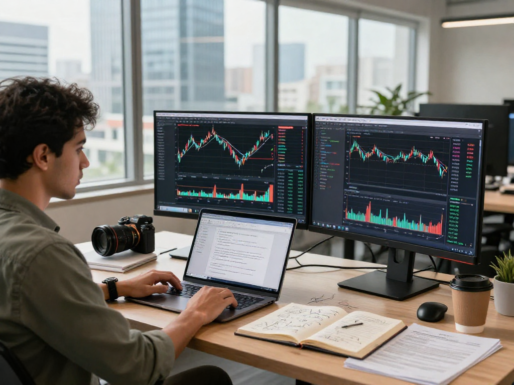 Developers working on India stock historical Kline API in a modern office setting showcasing real-time market data analysis.