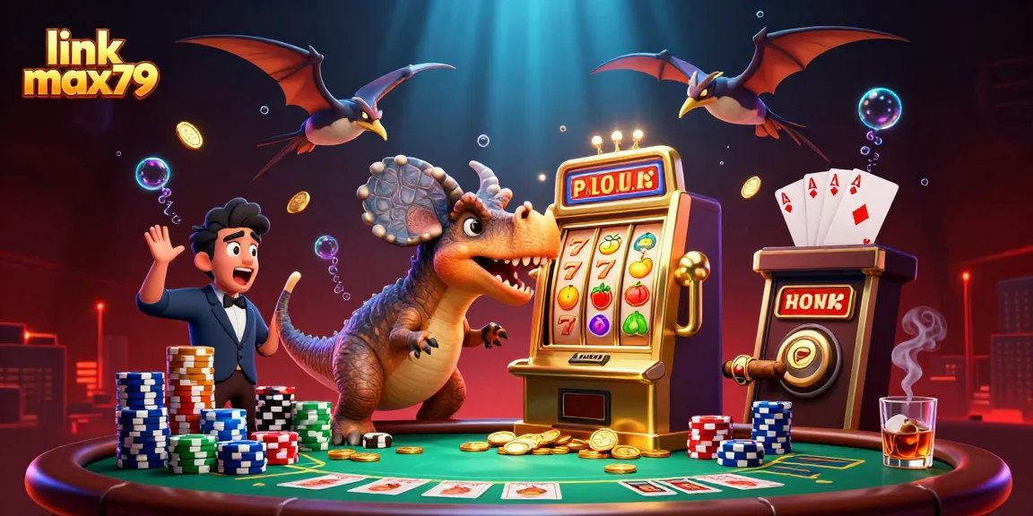 Watch link max79 win big as cartoon dinosaurs interact with a golden slot machine.