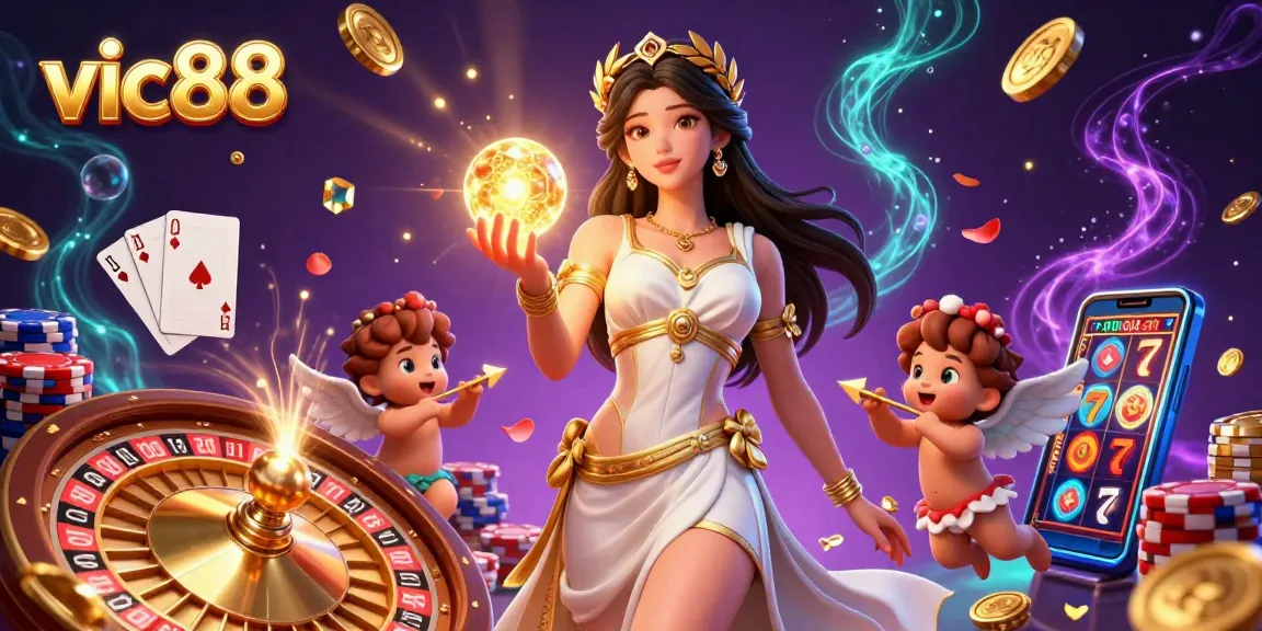 Experience the excitement of vic88 casino with 3D illustrations of a goddess and Cupid cherubs amid dynamic gaming elements.