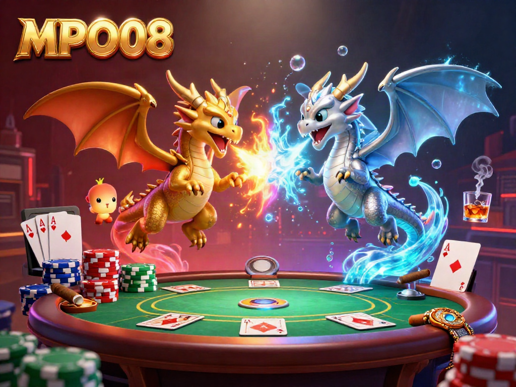 MPO08 incorporates energetic dragon visuals with poker elements in a captivating casino scene.