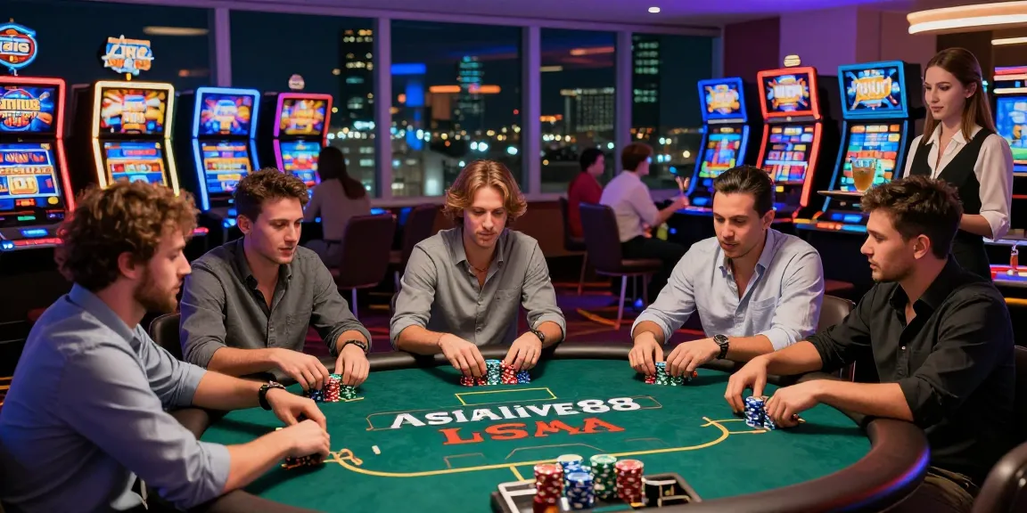 Situs Slot Gacor Asialive88 lively poker game scene with diverse players, vibrant casino atmosphere and urban skyline in background.
