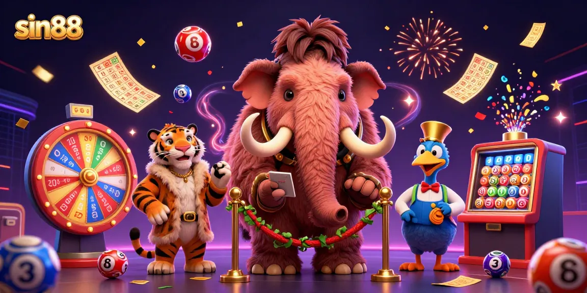 Experience sin88 with a vibrant 3D casino scene featuring a woolly mammoth bouncer, colorful lottery elements, and dynamic confetti.