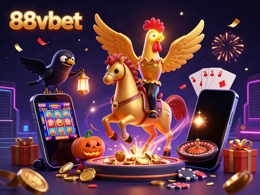 Engage with 88vbet's colorful casino world filled with animated characters, festive confetti, and energetic gaming elements.