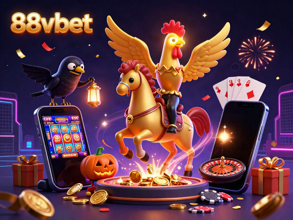 Engage with 88vbet's colorful casino world filled with animated characters, festive confetti, and energetic gaming elements.