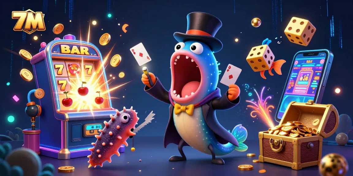 Engage with 7M’s thrilling casino scene featuring vibrant characters and a jackpot explosion of excitement.