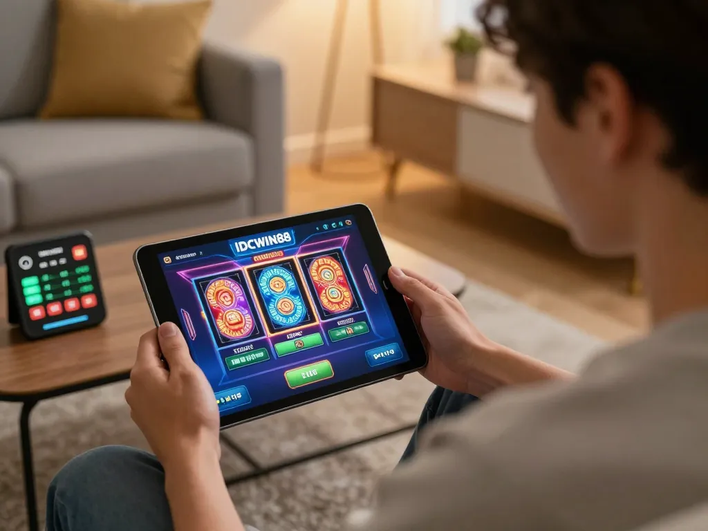 Engagement with IDCWIN88 Official through a vibrant online slot game on a tablet.