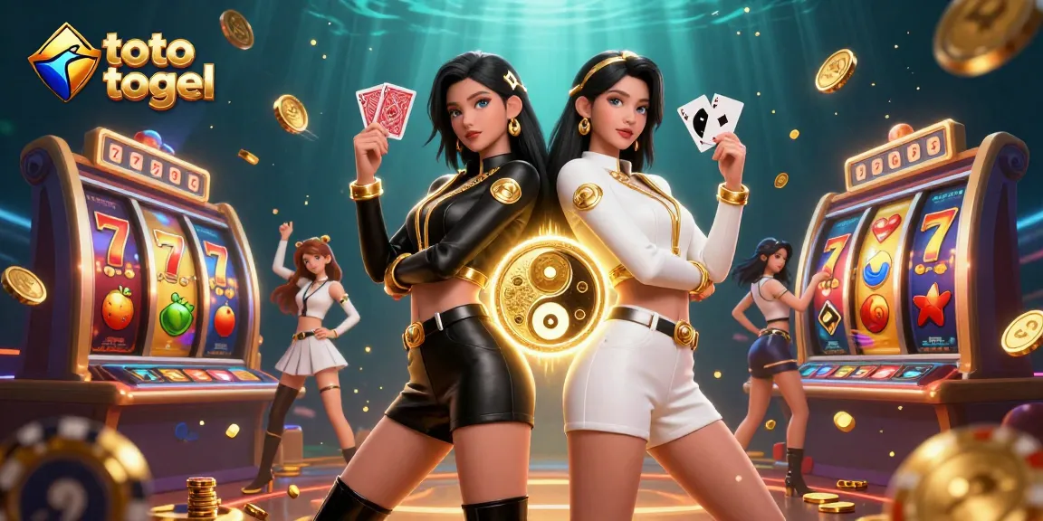 Experience thrilling toto togel gameplay with twin Asian women holding cards amidst vibrant casino elements.