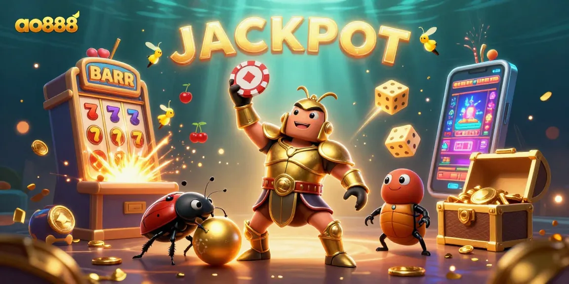 Experience thrilling wins at ao888 with cartoon beetles celebrating a jackpot victory in an exciting casino illustration.