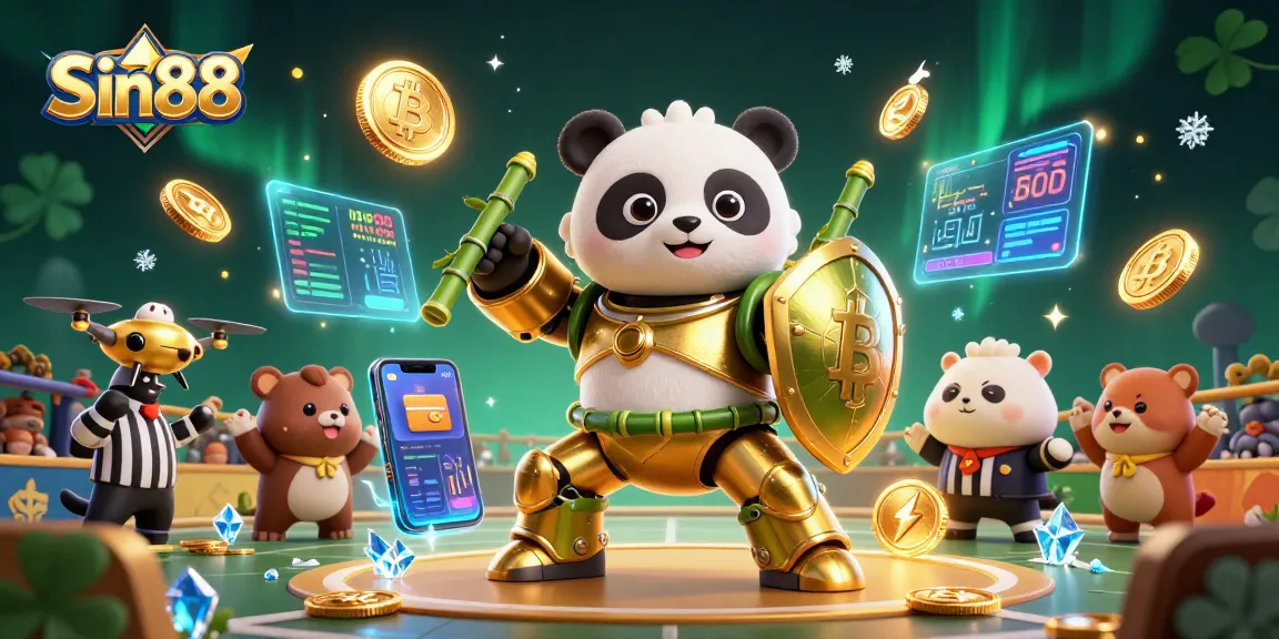 Experience Sin88's thrilling gambling action with a mech-suit panda in a casino arena surrounded by crypto elements.