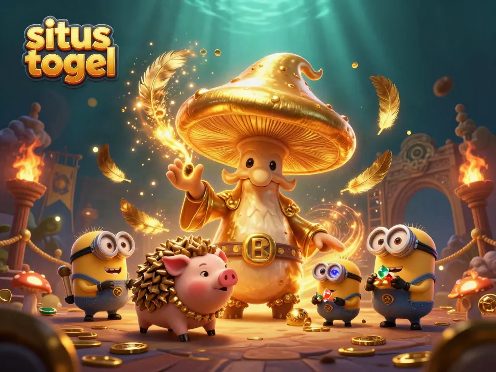 Engage with situs togel through a fantastical scene with golden mushroom wizard and treasures.