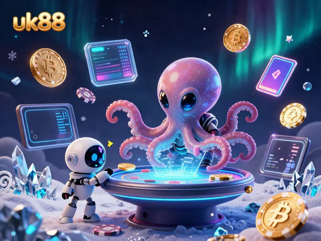 Engaging in exciting poker games at uk88, the alien octopus operates holographic tables amid floating cryptocurrency.